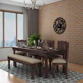 Ajmer Solid Sheesham Wood 8 Seater Dining Set With Bench (With Cushion, Walnut Finish)
